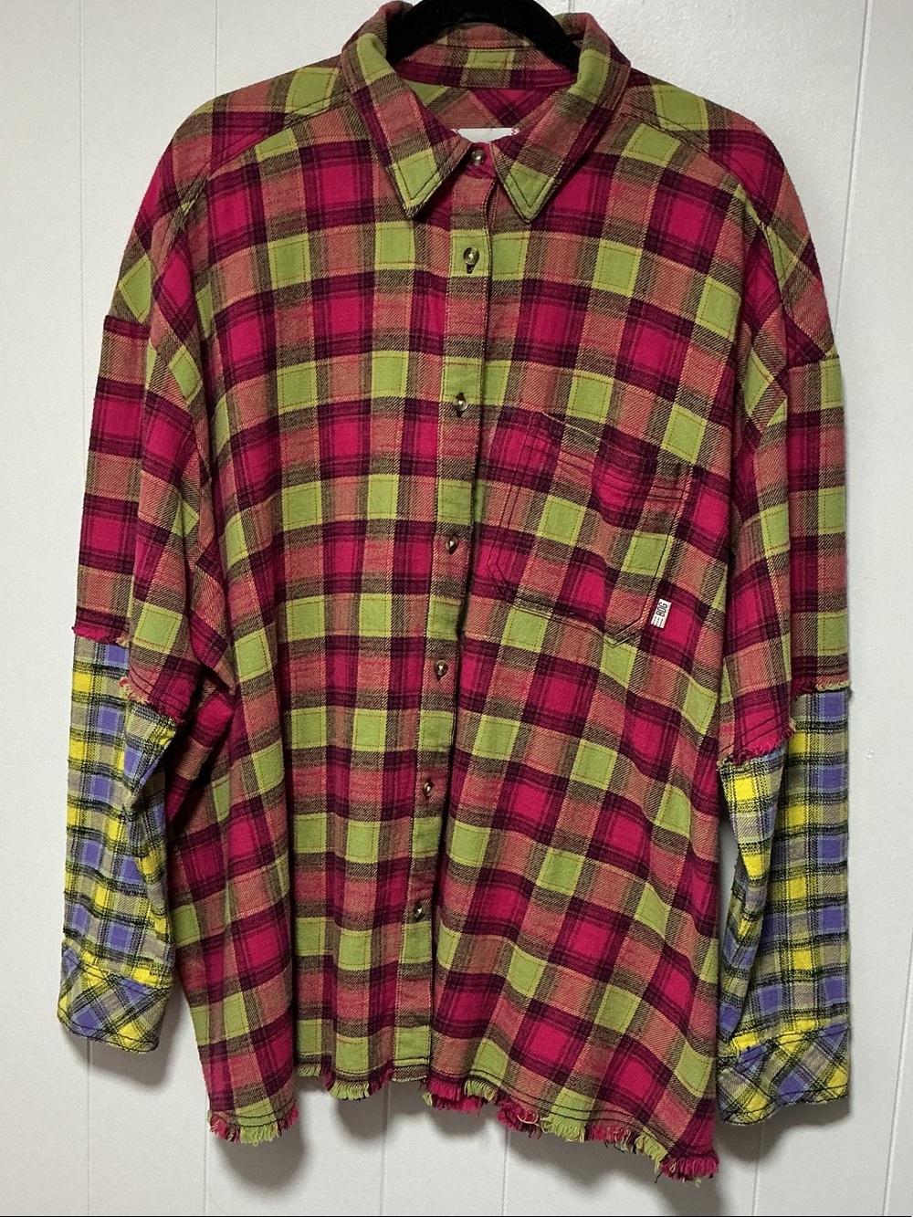 BDG Plaid Button-Down Shirt in “dark pink” and Olive with Blue Accent Sleeves